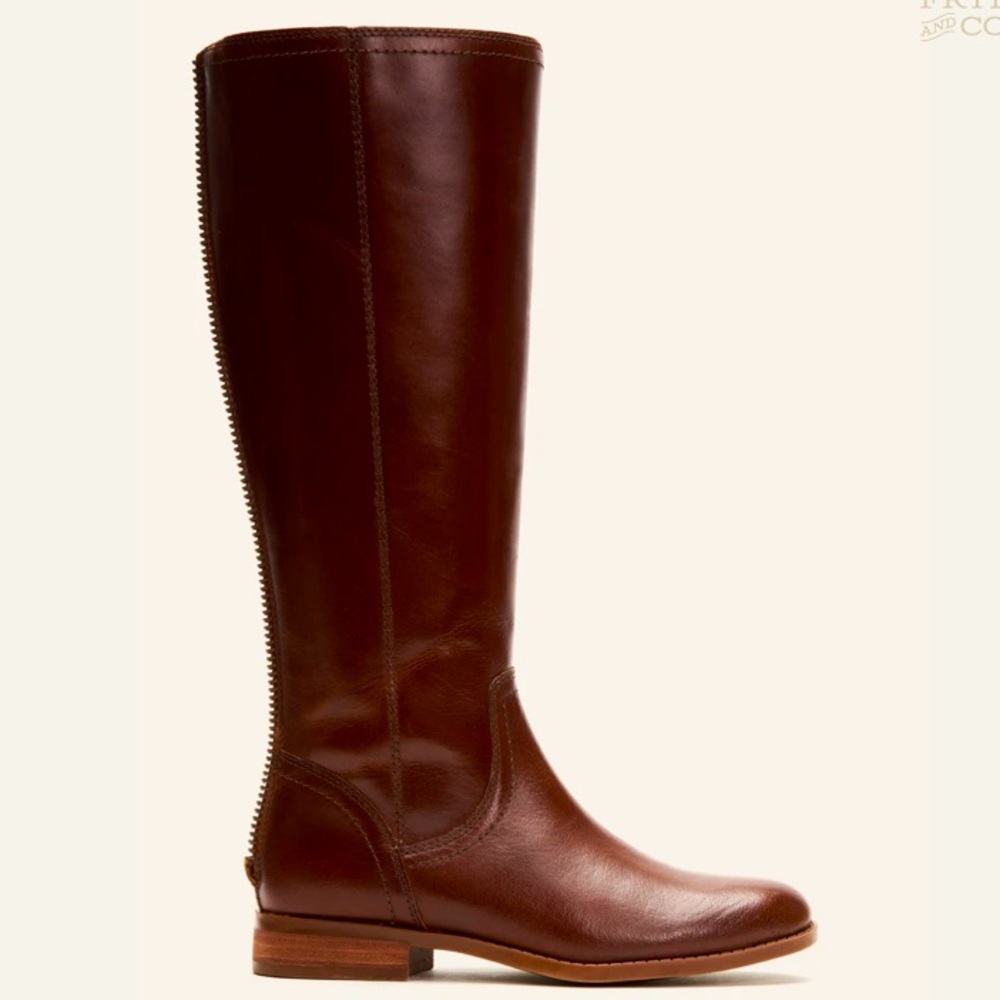 $399 Frye Jolie Back Zip Cognac Knee High Zip Up Round Toe Real Leather Boots - Picture 4 of 16